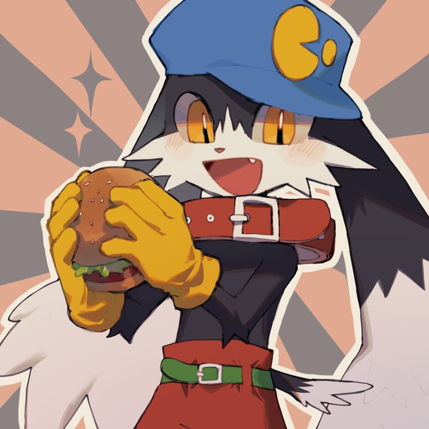 1boy :d animal_collar animal_nose belt blue_hat blush body_fur burger cabbit collar commentary droopy_ears food furry furry_male gloves green_belt grey_outline happy hat highres holding holding_burger holding_food kaze_no_klonoa klonoa male_focus multicolored_fur open_mouth pants red_collar red_pants resistor05 slit_pupils smile solo sparkle upper_body yellow_eyes yellow_gloves