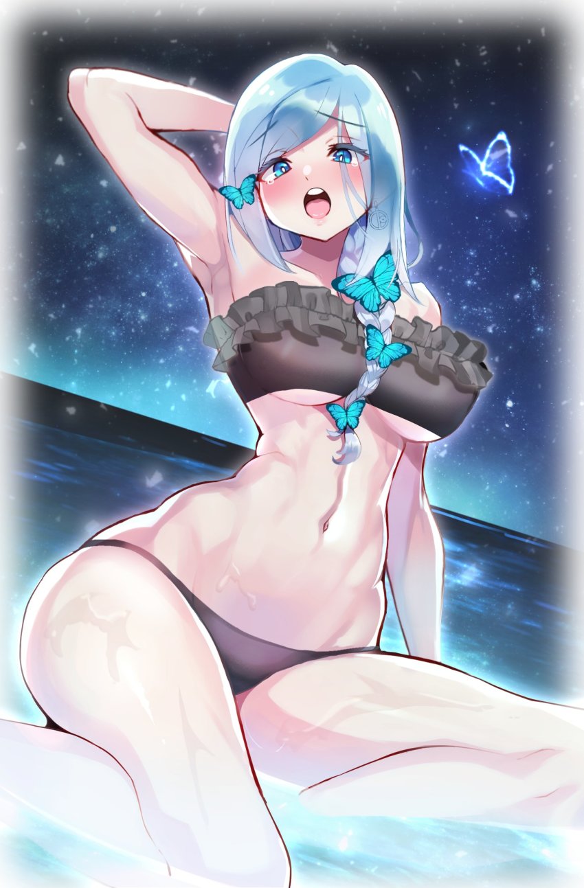 1girl arm_up bikini black_bikini blue_eyes blue_hair blush braid braided_ponytail breasts bug butterfly commission frilled_bikini frills highres indie_virtual_youtuber insect large_breasts light_blue_hair long_hair looking_at_viewer navel night ocean round_teeth shiny_skin skeb_commission skindentation smile solo swimsuit teeth tsukino_diana virtual_youtuber water wet yasu_suupatenin