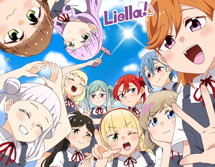 3: 6+girls :d ;d \m/ ^_^ aqua_hair arashi_chisato arms_up black_hair blonde_hair blue_eyes blue_hair blue_sky blunt_bangs blush braid braided_twintails brown_hair closed_eyes closed_mouth cloud collared_shirt colored_eyelashes commentary day dress dress_shirt everyone eye_contact from_below gradient_hair green_eyes grey_dress grin group_name hairband half_up_braid hand_on_own_cheek hand_on_own_face hazuki_ren heanna_sumire highres holding kanzaki_gou kotori_photobomb light_brown_hair long_hair looking_at_another looking_at_viewer love_live! love_live!_superstar!! medium_hair multicolored_hair multiple_girls neck_ribbon o_arms one_eye_closed onitsuka_natsumi onitsuka_tomari open_mouth pinafore_dress pink_hair pointing pointing_at_viewer purple_eyes purple_hair red_eyes red_hair red_hairband red_ribbon ribbon sakurakoji_kinako school_uniform selfie_stick shibuya_kanon shirt short_hair_with_long_locks short_sleeves side_braid sky sleeveless sleeveless_dress smile split_mouth steepled_fingers summer_uniform sweatdrop swept_bangs symbol-only_commentary tang_keke teeth upper_teeth_only wakana_shiki white_hair white_shirt wien_margarete yellow_eyes yoneme_mei yuigaoka_school_uniform