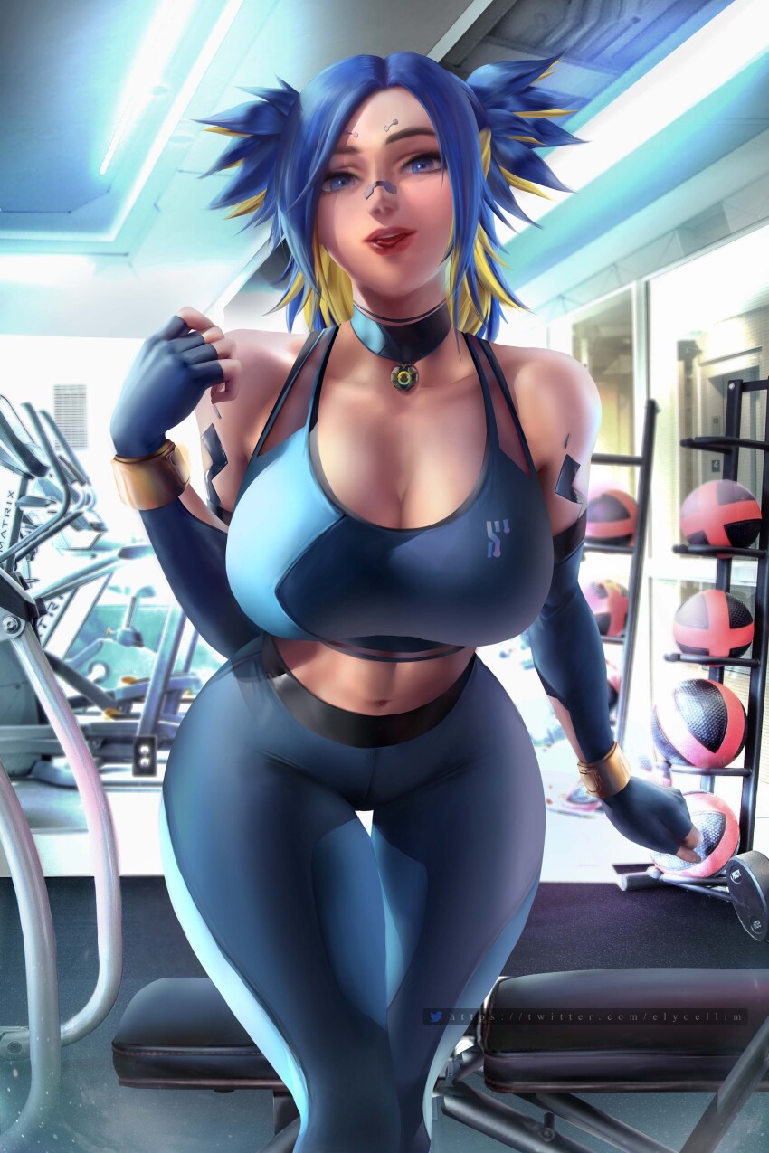 1girl absurdres ball black_choker blonde_hair blue_eyes blue_gloves blue_hair blue_pants blue_tank_top breasts choker collarbone commentary elbow_gloves english_commentary fingerless_gloves glock gloves gun gym handgun highres indoors large_breasts leaning_forward looking_at_viewer making-of_available medium_hair navel neon_(valorant) pants solo tank_top tongue tongue_out twitter_logo two_side_up valorant watermark weapon web_address wide_hips yoellim5 yoga_pants