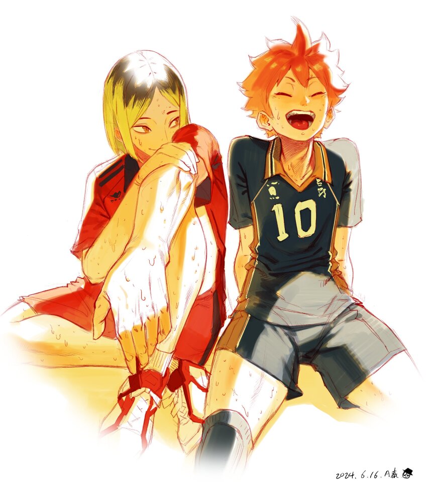 2boys a_tai arm_on_knee arm_support blonde_hair closed_eyes closed_mouth commentary covering_face cropped_legs english_commentary figure_four_sitting haikyuu!! hand_on_own_arm highres hinata_shouyou hot jersey karasuno_volleyball_uniform kozume_kenma laughing male_focus multicolored_clothes multicolored_footwear multicolored_hair multiple_boys nekoma_volleyball_uniform open_mouth orange_hair outstretched_arm outstretched_legs shoes side-by-side simple_background sitting slit_pupils smile sneakers socks sportswear sweat sweatdrop teeth tongue white_background yellow_eyes