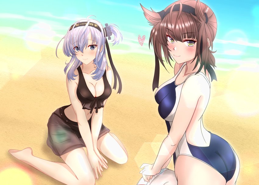 2girls absurdres alternate_costume ass back beach bikini bikini_skirt black_bikini black_headband blue_one-piece_swimsuit breasts brown_hair cleavage clothes_writing collarbone commentary_request competition_swimsuit grey_eyes hachimaki hair_between_eyes hair_flaps hairband hatsuzuki_(kancolle) hatsuzuki_(swimsuit_mode)_(kancolle) headband heart highres kantai_collection lifebuoy lips long_hair looking_at_viewer looking_to_the_side medium_breasts multiple_girls nitamako_(sakamalh) official_alternate_costume one-piece_swimsuit one_side_up see-through_clothes see-through_skirt short_hair silver_hair skirt small_breasts suzutsuki_(kancolle) suzutsuki_(swimsuit_mode)_(kancolle) swim_ring swimsuit two-tone_swimsuit water white_one-piece_swimsuit yellow_eyes