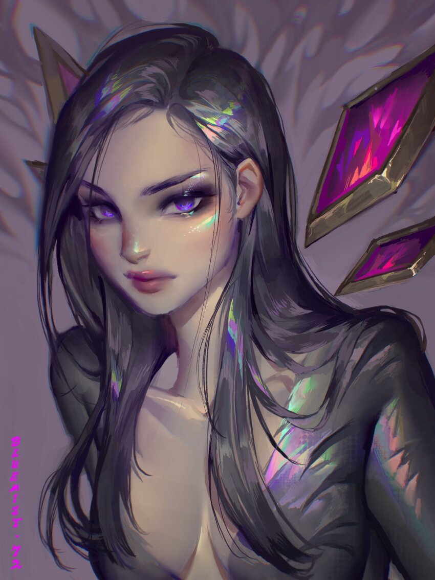 1girl artist_name bluemist72 bodysuit breasts closed_mouth collarbone detached_wings floating floating_object grey_bodysuit highres kai&#039;sa league_of_legends long_hair looking_at_viewer medium_breasts purple_eyes shiny_skin solo upper_body wings