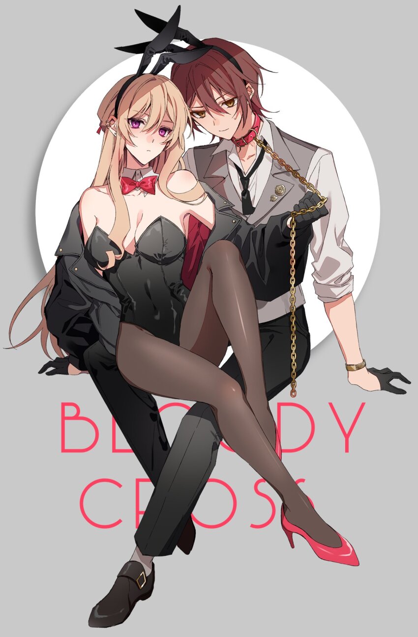 1boy 1girl amazuki_jou animal_ears black_footwear black_gloves black_jacket black_leotard black_necktie black_pants blonde_hair bloody_cross bow breasts brown_eyes brown_hair brown_pantyhose chain chain_leash choker cleavage collarbone collared_shirt detached_collar double-parted_bangs fake_animal_ears gloves gold_armlet high_heels highres hinata_(bloody_cross) holding holding_leash jacket leash leotard long_hair long_sleeves medium_breasts necktie open_clothes open_jacket pants pantyhose playboy_bunny purple_eyes rabbit_ears red_bow red_choker red_footwear shirt simple_background sitting sitting_on_person tsukimiya_(bloody_cross) white_shirt