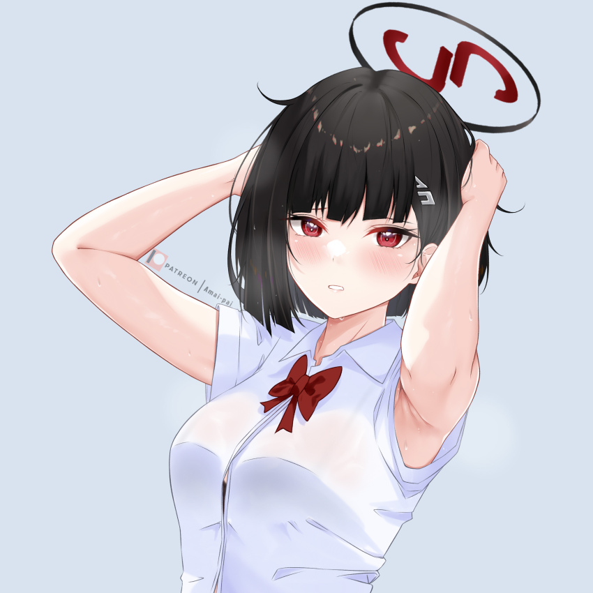 1girl :o absurdres aged_down amai-pai armpits arms_up bare_arms black_bra black_hair blue_archive blunt_ends blush bow bowtie bra bra_peek breasts commentary english_commentary halo hands_on_own_head highres looking_at_viewer medium_breasts patreon_username red_bow red_bowtie red_eyes rio_(blue_archive) shirt short_hair short_sleeves simple_background solo sweat underwear up_sleeve white_shirt