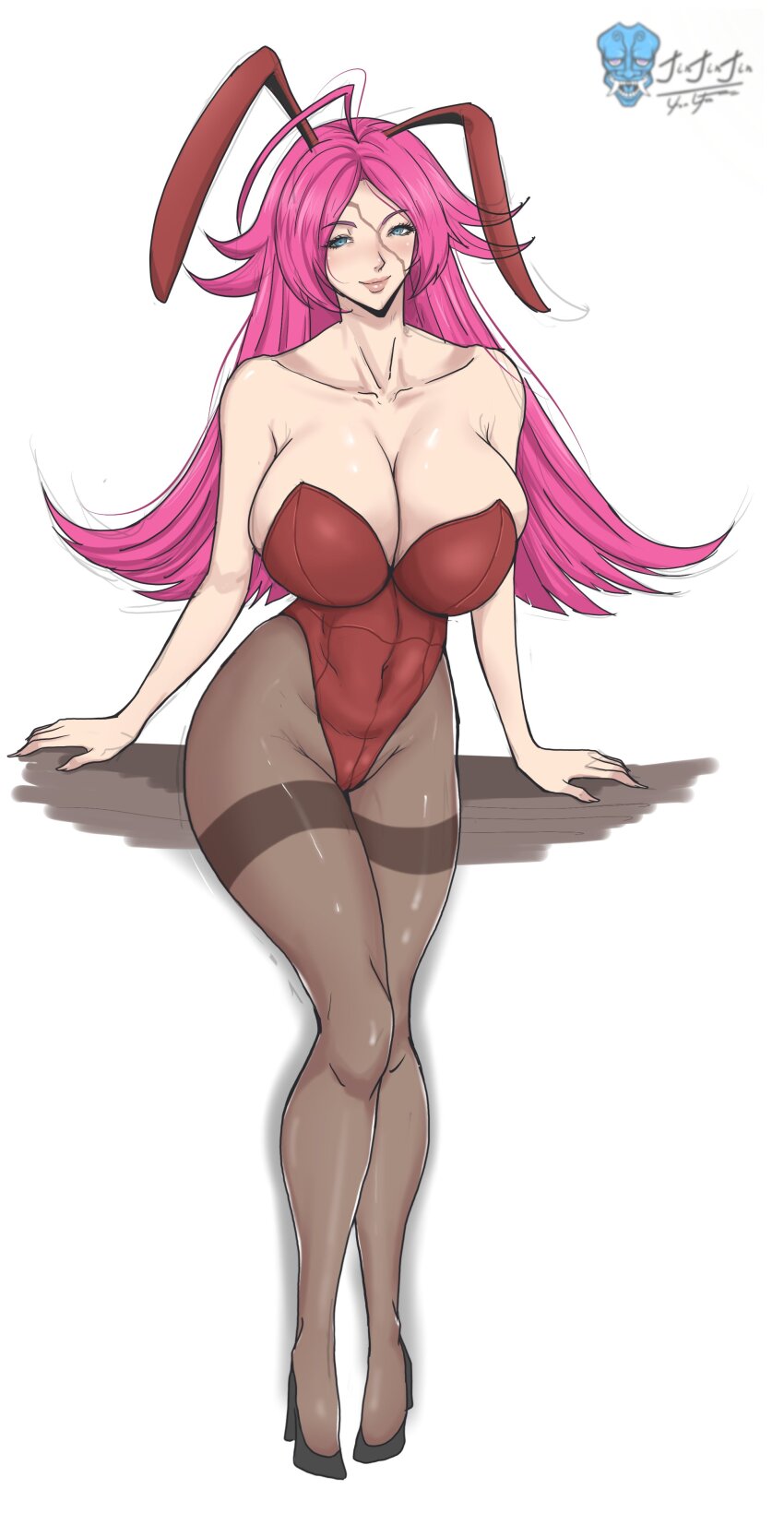 animal_ears artist_name bare_shoulders blue_eyes breasts collarbone commission fake_animal_ears fake_bunny_ears fate/grand_order fate_(series) francis_drake_(fate) high_heels highres large_breasts leotard long_hair parted_bangs pink_hair playboy_bunny red_leotard scar scar_on_face shiny_skin simple_background strapless strapless_leotard white_background zettonsfw