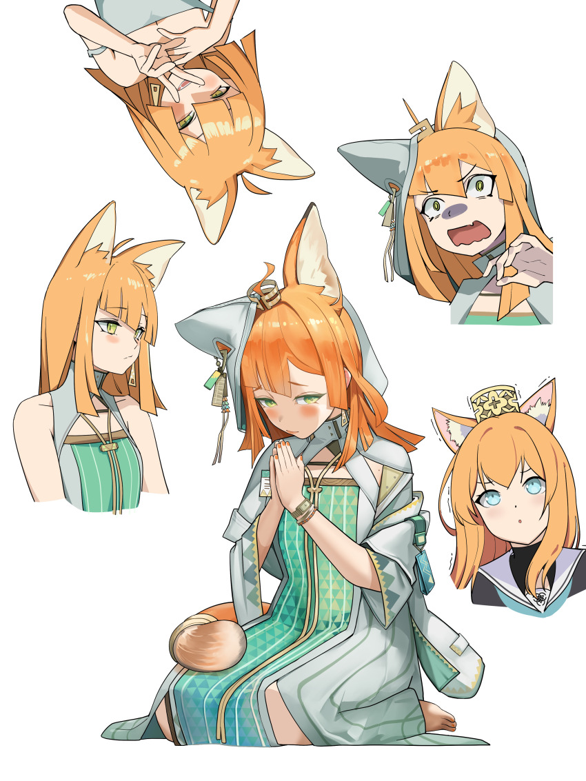 1girl :o absurdres animal_ear_fluff animal_ears arknights bare_shoulders blue_archive blue_eyes blush brown_tail chinese_commentary closed_mouth commentary_request constricted_pupils double_strap_slip dress earrings fang fingernails green_dress grey_dress hand_up hands_up highres jewelry long_hair looking_ahead looking_at_viewer looking_up mari_(blue_archive) motion_lines multiple_views nail_polish open_mouth orange_hair orange_nails orange_tail out_of_earth_(drock97763140) palms_together papyrus_(arknights) praying sailor_collar scared simple_background sitting skin_fang sleeveless sleeveless_dress strap_slip tail trembling uroko_(pattern) v v_over_mouth wavy_mouth white_background white_sailor_collar