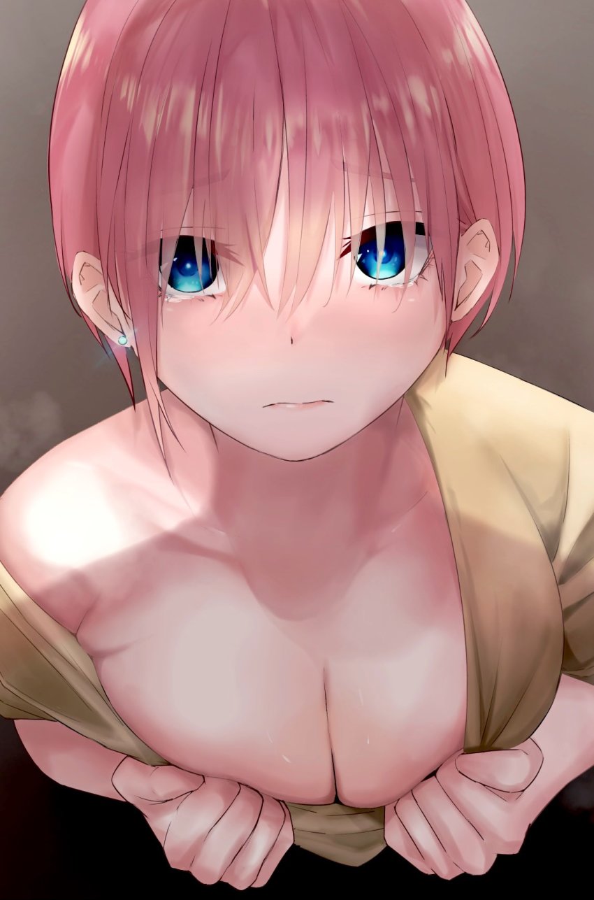 1girl asymmetrical_hair blue_eyes breasts brown_background cleavage clothes_pull collarbone earrings from_above go-toubun_no_hanayome hair_between_eyes highres jewelry looking_at_viewer mame1645 nakano_ichika pink_hair shirt_pull short_hair solo upper_body