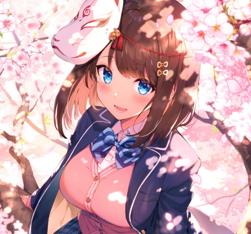 1girl :d blue_bow blue_bowtie blue_eyes blue_jacket blush bow bowtie breasts brown_hair cardigan cherry_blossoms collared_shirt commentary_request fox_mask from_above hair_ornament hairclip jacket kat_(bu-kunn) lapels large_breasts long_sleeves looking_at_viewer looking_up lower_teeth_only mask mask_on_head medium_hair notched_lapels open_clothes open_jacket open_mouth original red_cardigan school_uniform shirt smile solo striped_bow striped_bowtie striped_clothes swept_bangs teeth upper_body wing_collar