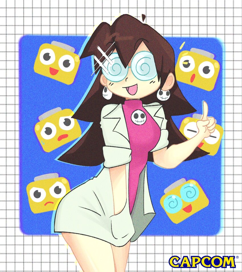 1girl andrewcockroach brown_hair capcom coke-bottle_glasses copyright_name earrings glasses grid hand_in_pocket hand_up highres index_finger_raised jewelry lab_coat long_hair looking_at_viewer mega_man_(series) mega_man_legends_(series) open_mouth pink_shirt servbot_(mega_man) shirt skull_brooch skull_earrings smile solo sparkle tron_bonne_(mega_man) turtleneck turtleneck_shirt