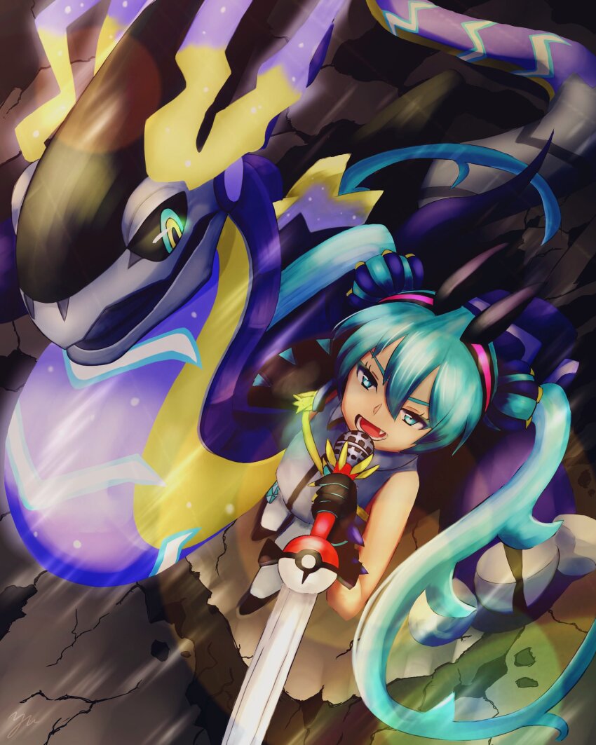 1girl absurdres aqua_eyes aqua_hair black_sclera blue_eyes colored_sclera commentary_request creatures_(company) double_bun dragon_miku_(project_voltage) eyelashes fake_horns fang from_above game_freak hair_between_eyes hair_bun hatsune_miku headphones highres holding holding_microphone holding_sword holding_weapon horns microphone miraidon multicolored_eyes nintendo open_mouth pokemon pokemon_(creature) project_voltage sword teeth twintails vocaloid weapon yellow_eyes yu_(pocketsun636)