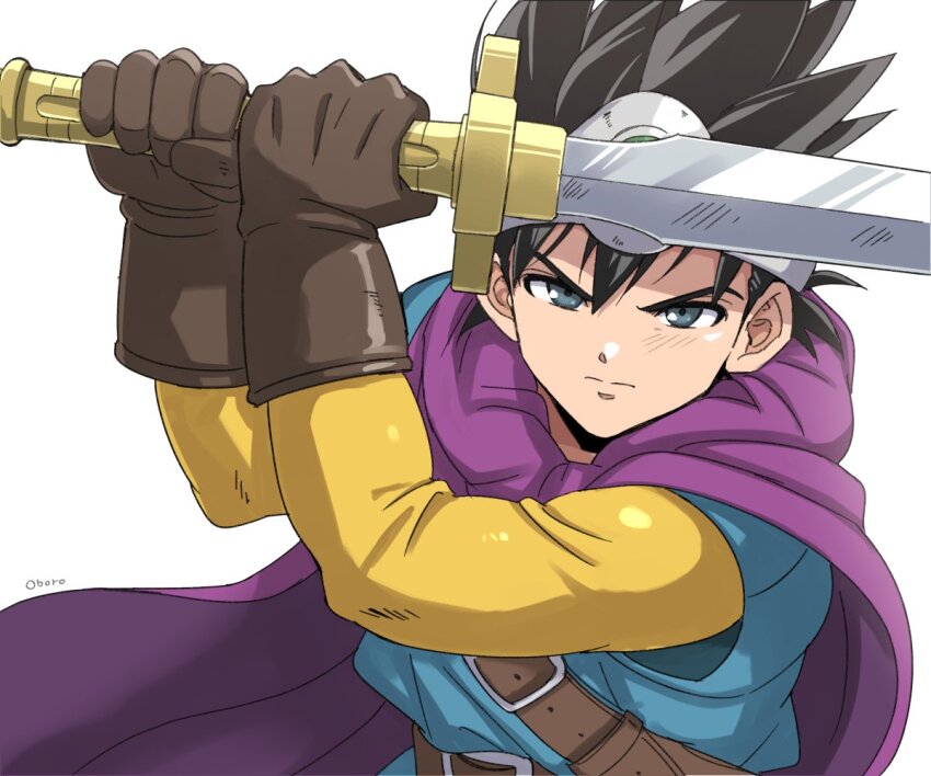 1boy aqua_eyes aqua_tunic artist_name brown_gloves brown_hair cape circlet commentary_request dragon_quest dragon_quest_iii floating_cape gloves hero_(dq3) holding holding_sword holding_weapon looking_at_viewer oboro_dqp purple_cape roto_(dq3) silver_circlet solo spiked_hair sword tunic upper_body weapon white_background