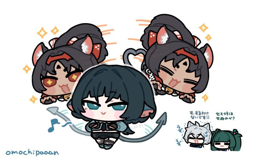 +_+ 1boy 3girls :3 =_= animal_ears artist_name blush_stickers brown_hair cat_ears cat_tail chibi chibi_only commentary_request green_hair grey_eyes grey_hair jane_doe_(zenless_zone_zero) motion_lines mouse_ears mouse_tail multiple_girls nekomiya_mana omochi_binta open_mouth qingyi_(zenless_zone_zero) red_eyes seth_lowell simple_background tail translation_request twintails white_background zenless_zone_zero