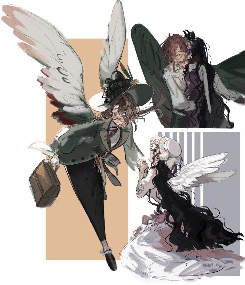 2girls angel angel_wings black_hair black_skirt brown_bag brown_hair dress gloves green_jacket green_wings hat highres hug ing_(ing205509) isolde_(reverse:1999) jacket kakania_(reverse:1999) multiple_girls praying purple_dress red_ribbon reverse:1999 ribbon round_eyewear seiza shirt sitting skirt wavy_hair white_dress white_gloves white_shirt wings yuri