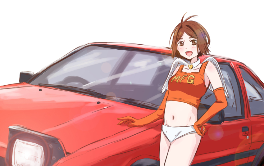 1girl angel_wings ass bikini breasts car collar crop_top elbow_gloves fanart_digital gloves highres makeup medium_breasts mf_ghost motor_vehicle panties race_queen saionji_ren solo swimsuit toyota toyota_sprinter_trueno underwear vehicle white_panties wings