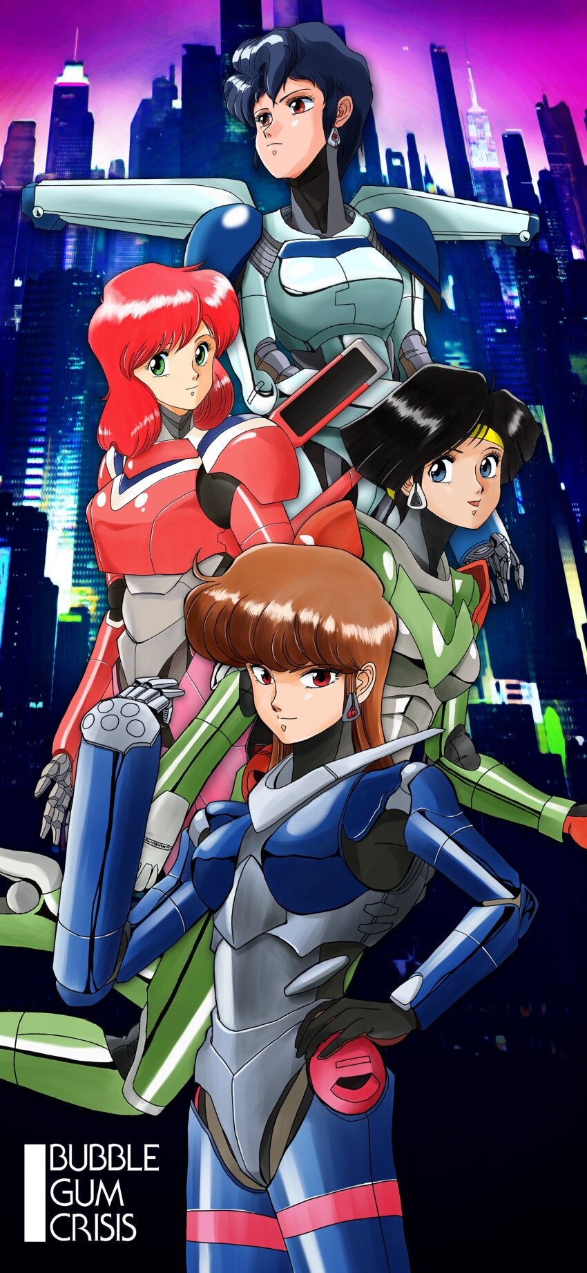 1990s_(style) 4girls absurdres armor black_hair blue_eyes blue_hair brown_eyes brown_hair bubblegum_crisis building cityscape copyright_name cowboy_shot cyberpunk gloves green_eyes hairband hardsuit highres linna_yamazaki liqueur_(retroot1) long_hair looking_at_viewer multiple_girls nene_romanova power_armor priscilla_asagiri purple_sky red_eyes red_hair retro_artstyle short_hair sky sylia_stingray