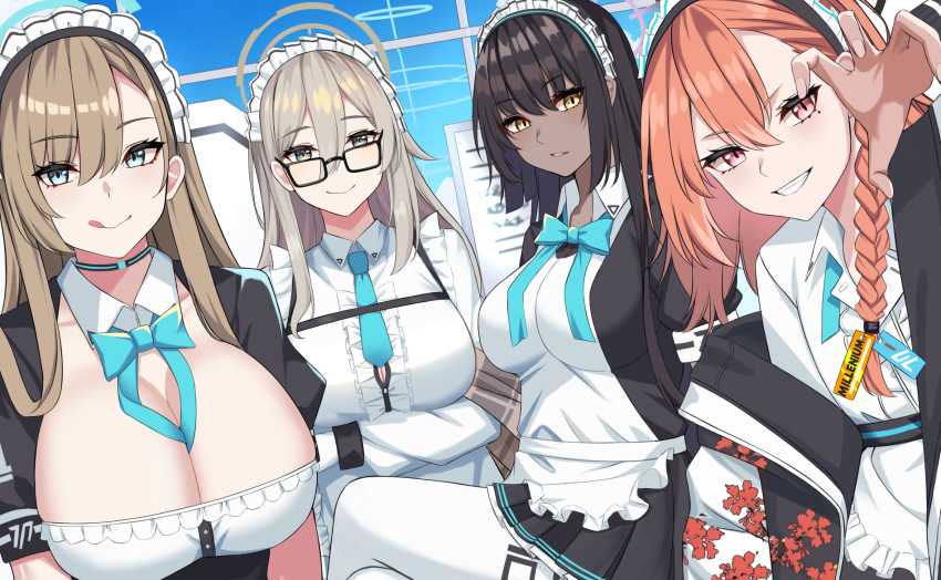 4girls :q akane_(blue_archive) alternate_costume aqua_eyes asuna_(blue_archive) between_breasts blue_archive bow bowtie braid breasts claw_pose cleavage closed_mouth commentary cowboy_shot dark-skinned_female dark_skin enmaided flat_chest forehead gaitoou glasses hair_between_eyes halo hand_up highres huge_breasts karin_(blue_archive) large_breasts long_hair looking_at_viewer maid maid_headdress multiple_girls necktie neru_(blue_archive) open_mouth outdoors pink_eyes slit_pupils tongue tongue_out upper_body yellow_eyes