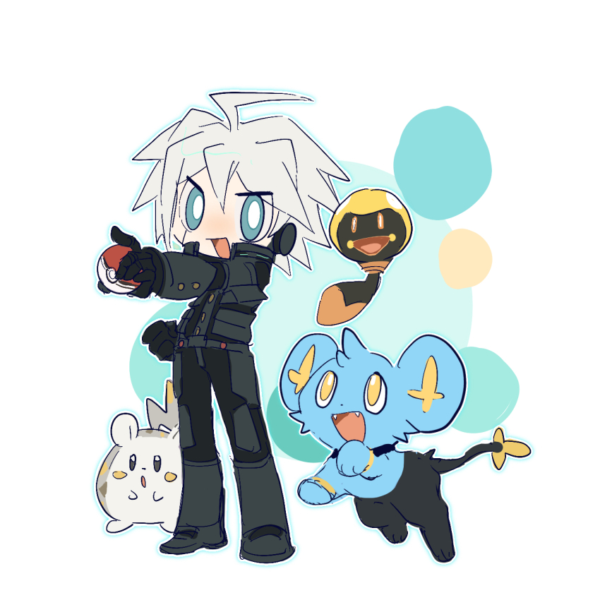 1boy ahoge android armor blue_eyes commentary_request creatures_(company) danganronpa_(series) danganronpa_v3:_killing_harmony full_body game_freak gen_4_pokemon gen_7_pokemon gloves hair_between_eyes highres holding k1-b0 looking_at_viewer male_focus nintendo open_mouth pants poke_ball pokemon pokemon_(creature) power_armor shinx short_hair simple_background standing tadbulb togedemaru white_hair xian_(axxxx-721)