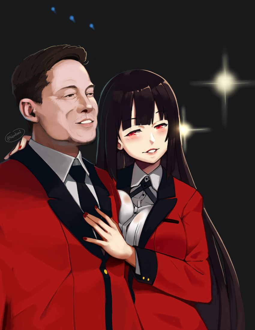 1boy 1girl absurdres black_hair black_necktie black_ribbon breast_press brown_eyes brown_hair elon_musk formal_clothes grin highres hyakkaou_academy_school_uniform jabami_yumeko jacket kakegurui kion-kun long_hair necktie real_life red_eyes red_jacket red_nails red_suit ribbon school_uniform short_hair smile suit suit_jacket teeth very_short_hair