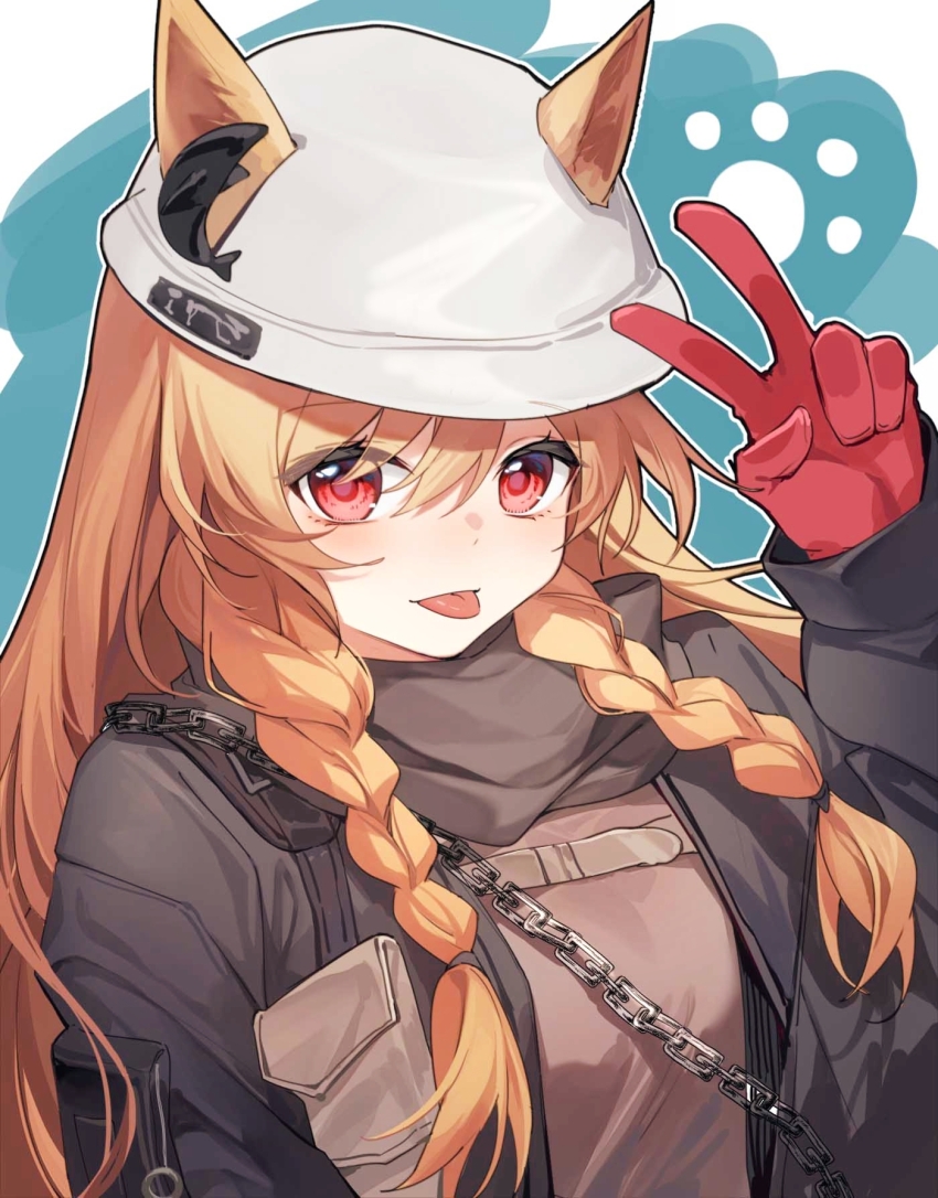 1girl animal_ears arknights arm_at_side black_jacket blonde_hair braid ceobe_(arknights) ceobe_(unfettered)_(arknights) chain commentary dog_ears dog_girl ear_ornament ears_through_headwear eyes_visible_through_hair gloves hair_between_eyes hair_tie hand_up highres jacket light_blush light_smile long_hair long_sleeves looking_at_viewer official_alternate_costume oversized_clothes paw_print pouch red_eyes red_gloves revision scarf shirt solo tongue tongue_out twin_braids upper_body v white_background yunweishukuang