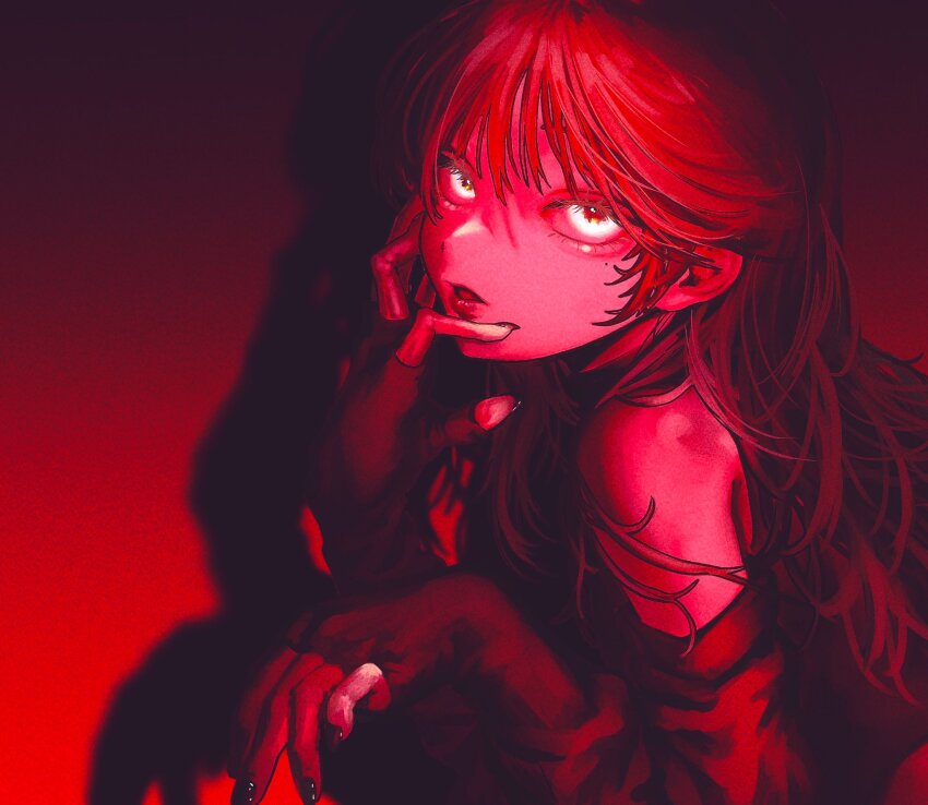 1girl bare_shoulders black_nails check_copyright commentary_request copyright_request fingerless_gloves fingernails fuon_shichimi gloves highres long_fingernails long_hair looking_at_viewer original parted_lips red_hair red_theme shadow solo upper_body white_eyes