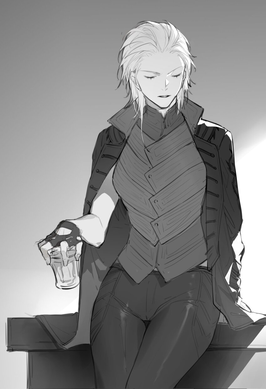 1girl breasts closed_mouth coat cup devil_may_cry_(series) devil_may_cry_5 fingerless_gloves genderswap genderswap_(mtf) gloves greyscale hair_slicked_back highres holding holding_cup jiemojiemo long_hair monochrome sketch solo upper_body vergil_(devil_may_cry)