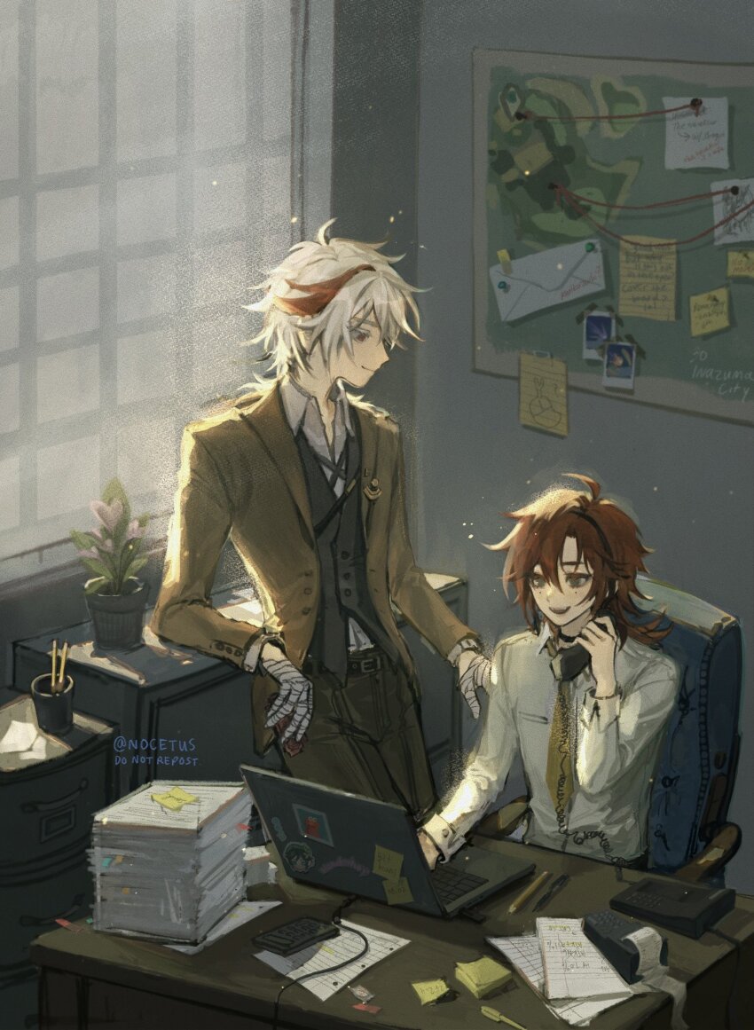 2boys bandaged_hand bandages black_hair brown_jacket collared_shirt computer desk formal genshin_impact highres holding holding_phone indoors jacket kaedehara_kazuha laptop long_sleeves male_focus multicolored_hair multiple_boys necktie nocetus open_mouth pants paper phone plant potted_plant red_hair shikanoin_heizou shirt smile streaked_hair table twitter_username two-tone_hair typing white_hair white_shirt window