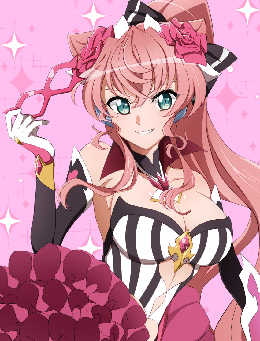 1girl adjusting_eyewear blush breasts cleavage dress elbow_gloves flower_ornament gloves green_eyes hair_between_eyes hair_ornament hand_on_eyewear highres huge_breasts kanaden large_breasts long_hair looking_at_viewer maria_cadenzavna_eve open_mouth pink_hair senki_zesshou_symphogear smile solo strapless strapless_dress striped_clothes very_long_hair