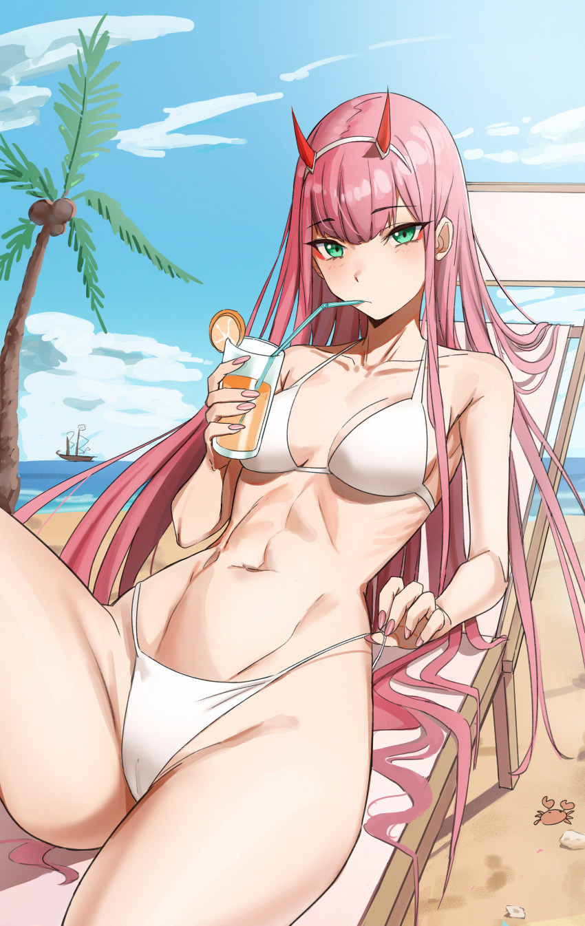 abs absurdres beach bikini chair cowboy_shot crab cup darling_in_the_franxx drinking_glass drinking_straw green_eyes highres horns huge_filesize kiritzugu long_hair looking_at_viewer lounge_chair ocean palm_tree pink_hair reclining solo stomach swimsuit toned tree white_bikini zero_two_(darling_in_the_franxx)