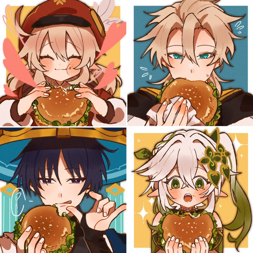 2boys 2girls :d ? albedo_(genshin_impact) aqua_eyes armlet bare_shoulders black_bodysuit black_bridal_gauntlets black_eyes black_hair black_sleeves blonde_hair blue_hat blunt_ends blush bodysuit border bridal_gauntlets bright_pupils burger cabbie_hat cheek_bulge closed_eyes coat collar detached_sleeves eating eyeliner eyeshadow feathers fingernails flying_sweatdrops food food_on_face food_wrapper frilled_collar frills genshin_impact gold green_eyes green_hair green_sleeves hair_between_eyes hair_ornament half_crown_braid hat hat_feather highres holding holding_burger holding_food jacket jewelry jingasa klee_(genshin_impact) layered_sleeves leaf leaf_hair_ornament licking_lips long_hair long_sleeves looking_at_viewer low_twintails makeup multicolored_hair multiple_boys multiple_girls nahida_(genshin_impact) open_mouth pointy_ears portrait red_eyeliner red_eyeshadow red_hat red_jacket red_sleeves scaramouche_(genshin_impact) side_ponytail sidelocks smile spoken_question_mark streaked_hair sweatdrop tareme teeth tempurian tongue tongue_out tsurime twintails wanderer_(genshin_impact) white_border white_coat white_feathers white_hair white_pupils