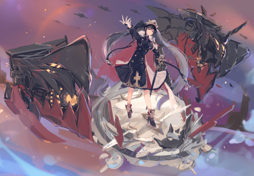 1girl azur_lane black_dress black_footwear black_hair breasts buttons cane cape capelet double-breasted dress full_body fur_trim gloves high_heels highres large_breasts long_hair non-humanoid_robot peter_strasser_(azur_lane) red_cape robot robot_animal shika_(shika0) solo twintails two-tone_dress very_long_hair white_dress white_gloves white_headwear