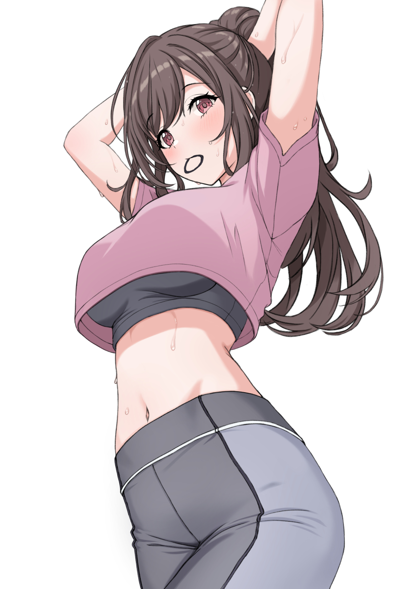 1girl absurdres adjusting_hair arms_behind_head arms_up breasts brown_eyes brown_hair crop_top grey_leggings hair_tie_in_mouth highres holding holding_own_hair idolmaster idolmaster_shiny_colors large_breasts leggings long_hair looking_at_viewer midriff mouth_hold navel pink_shirt shirt solo sorugi_park tsukioka_kogane tying_hair upper_body