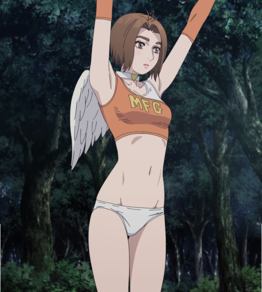 1girl angel_wings anime_screenshot ass bikini breasts collar crop_top elbow_gloves gloves highres makeup medium_breasts mf_ghost panties race_queen saionji_ren solo stitched swimsuit third-party_edit underwear white_panties wings