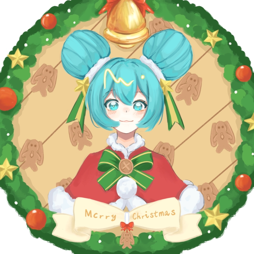 1girl :3 bell blue_eyes blue_hair bow capelet character-themed_food chinese_commentary christmas christmas_wreath commentary_request cookie double_bun food fur-trimmed_capelet fur_trim gingerbread_man hair_bun hair_ornament hatsune_miku highres looking_at_viewer merry_christmas pom_pom_(clothes) ql_lanzi smile solo vocaloid wreath