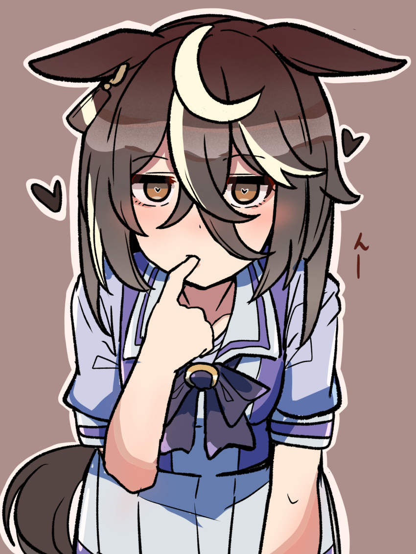 animal_ears black_hair bow bowtie brown_eyes character_request crossed_bangs ear_tag earrings ears_down finger_in_own_mouth grey_background hair_between_eyes hand_up heart heart-shaped_pupils highres horse_ears horse_girl horse_tail index_finger_raised jewelry kawamochi_(tddm3573) long_hair_between_eyes looking_at_another multicolored_hair puffy_short_sleeves puffy_sleeves purple_bow purple_bowtie purple_shirt sailor_collar school_uniform shirt short_sleeves simple_background single_earring skirt streaked_hair sunday_silence_(racehorse) symbol-shaped_pupils tail tracen_school_uniform translation_request umamusume white_hair white_sailor_collar white_skirt