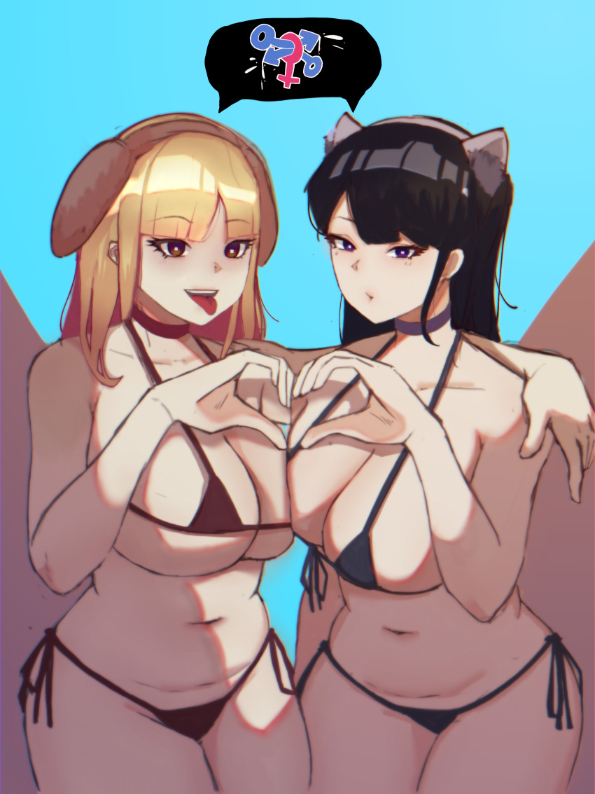 2girls absurdres animal_ears arm_around_shoulder asymmetrical_docking bikini black_hair blonde_hair blue_bikini breast_press breasts brown_eyes cat_ears closed_mouth collarbone cowboy_shot crossover day dog_ears dot_mouth dot_nose expressionless eyebrows eyelashes fake_animal_ears female_focus heart heart_hands heart_hands_duo highres kitagawa_marin komi-san_wa_komyushou_desu komi_shouko large_breasts long_hair looking_at_viewer micro_bikini multiple_girls naughty_face navel open_mouth outdoors plump purple_eyes qone red_bikini side-tie_bikini_bottom smile sono_bisque_doll_wa_koi_wo_suru standing swimsuit teeth tongue tongue_out upper_teeth_only wide_hips