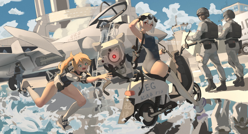 1girl 2boys 2girls absurdres alvin2017uk blonde_hair breasts green_eyes highres incredibly_absurdres leotard medium_hair military moped moss motor_vehicle multiple_boys multiple_girls original red_eyes small_breasts socks the_wandering_earth thighhighs white_hair white_socks white_thighhighs