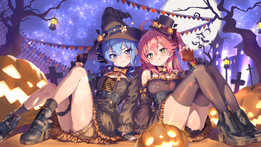 2girls absurdres ahoge alternate_costume bare_legs black_dress black_socks black_thighhighs blue_eyes blue_hair blush boots claw_pose cleavage_cutout clothing_cutout commentary cross-laced_clothes cross-laced_dress detached_sleeves dress graveyard green_eyes gyoza_(pixiv17855879) halloween hand_rest high_heel_boots high_heels highres holding_hands hololive hoshimachi_suisei jack-o&#039;-lantern knees_up lantern looking_at_viewer multiple_girls night night_sky pink_hair sakura_miko sitting sky socks star_(sky) star_(symbol) star_in_eye symbol_in_eye thighhighs thighs tree virtual_youtuber witch