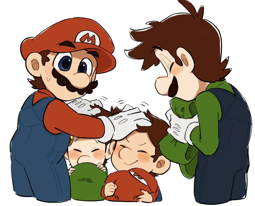 4boys animal_ears baby_luigi baby_mario blue_overalls brown_hair facial_hair from_side full_body gloves green_shirt hat highres luigi male_focus mario mario_(series) mimimi_(mimimim9999) multiple_boys mustache nintendo overalls red_hat shirt