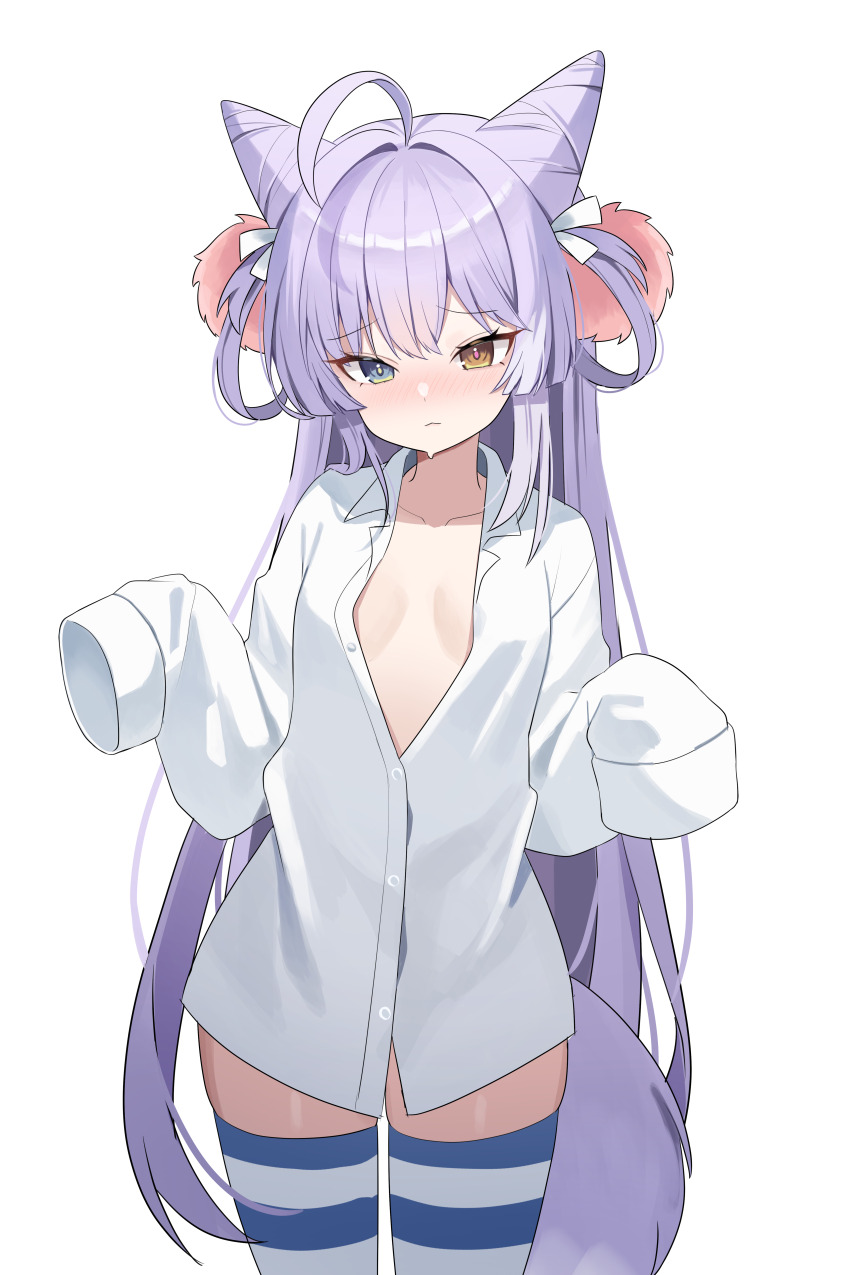 1girl :3 absurdres ahoge blue_eyes blush breasts buttons collared_shirt cone_hair_bun cowboy_shot dress_shirt embarrassed hair_bun hair_rings heterochromia highres long_hair long_sleeves looking_at_viewer naked_shirt nannung nose_blush orange_eyes oversized_clothes oversized_shirt partially_unbuttoned purple_hair shirt simple_background sleeves_past_fingers sleeves_past_wrists small_breasts solo stellive striped_clothes striped_thighhighs tenko_shibuki thighhighs thighs very_long_hair virtual_youtuber white_background white_shirt