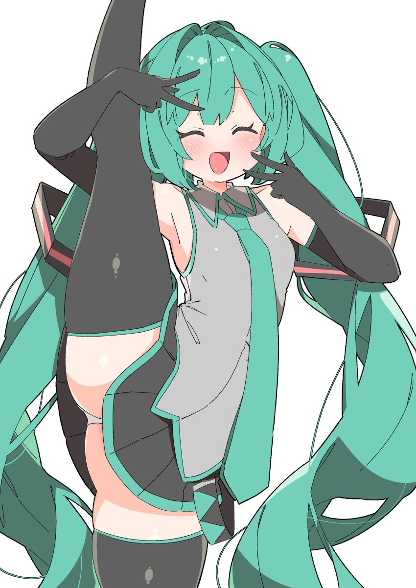 1girl ^_^ absurdres black_gloves blue_hair blue_necktie blush closed_eyes double_v elbow_gloves gloves hatsune_miku highres long_hair looking_at_viewer necktie open_mouth panties pantyshot smile solo split standing standing_on_one_leg standing_split twintails underwear uruti_2388 v vocaloid white_panties