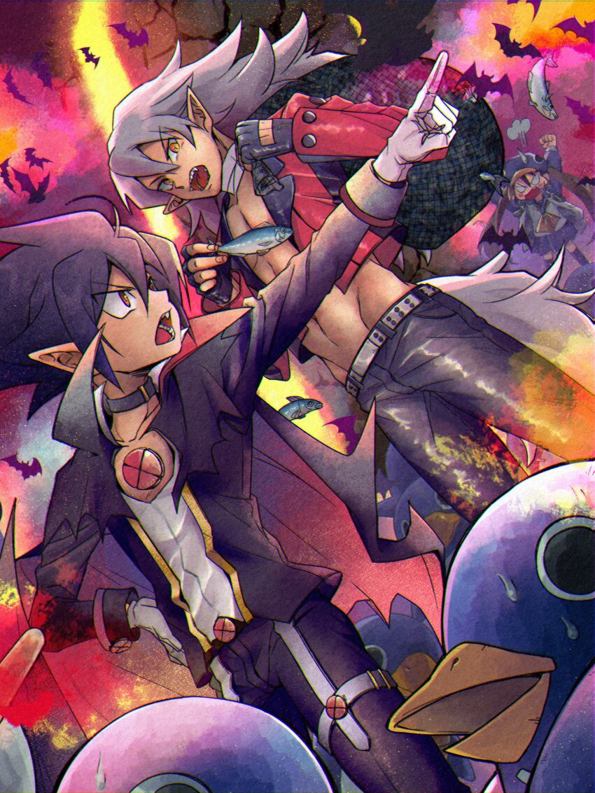 1girl 2boys absurdres angry bat_(animal) battle_of_blood black_hair black_jacket cape commentary_request disgaea fenrich_(disgaea) fish gloves grey_hair hat highres jacket kazamatsuri_fuuka long_hair makai_senki_disgaea_4 male_focus multiple_boys no_shirt open_mouth pants penguin_hat pointing pointing_to_the_side pointy_ears prinny red_jacket sardine school_uniform serafuku sharp_teeth skirt sweat teeth valvatorez_(disgaea) vampire