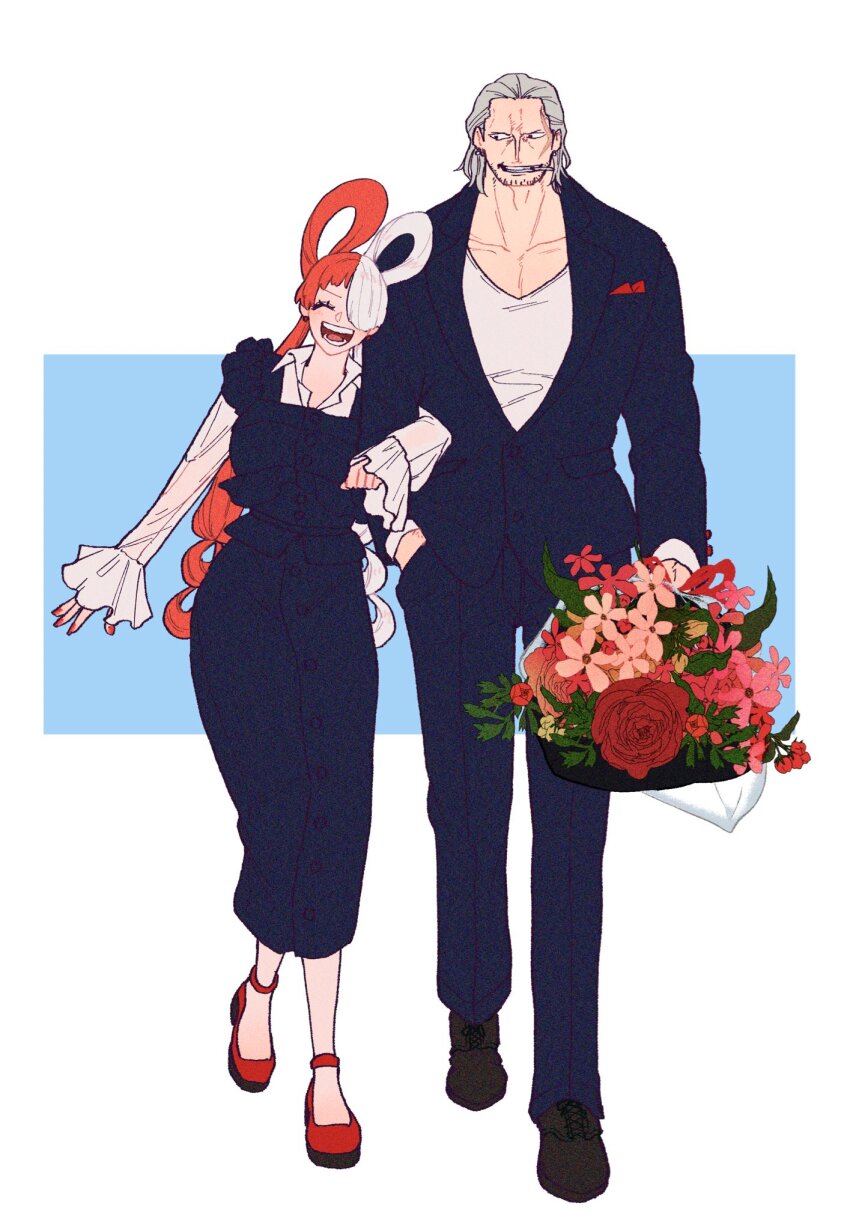 1boy 1girl ^_^ benn_beckman blue_background blue_dress bouquet cigarette closed_eyes commentary_request dress flower formal_clothes hair_over_one_eye hair_slicked_back hand_in_pocket heart_blody highres holding holding_bouquet locked_arms long_sleeves one_piece open_mouth red_footwear red_hair red_nails shirt smile suit twintails uta_(one_piece) white_background white_hair white_shirt