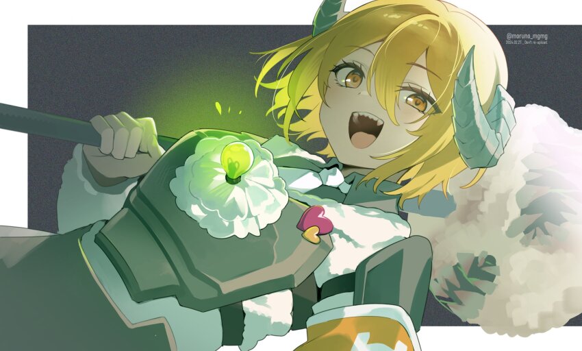 1girl armor blonde_hair don_quixote_(project_moon) dutch_angle e.g.o_(project_moon) flower highres holding holding_weapon horns jacket lantern_(e.g.o) light_bulb limbus_company lobotomy_corporation lobotomy_corporation_(identity)_(project_moon) moruno_mgmg open_mouth project_moon sharp_teeth sheep_horns short_hair smile solo teeth upper_body weapon white_flower white_jacket yellow_eyes