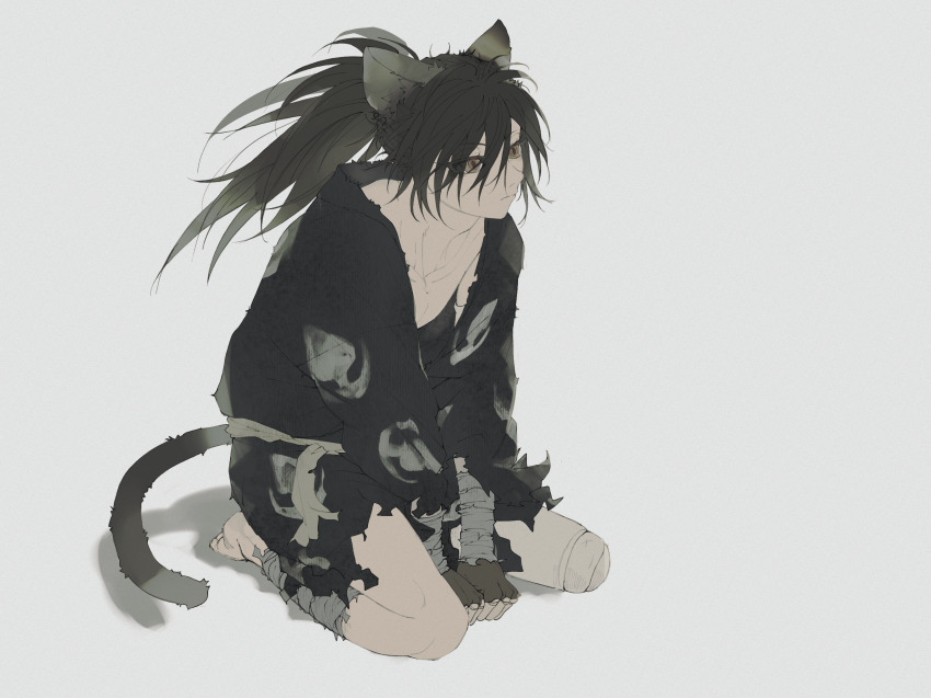 1boy animal_ears barefoot black_kimono brown_eyes brown_gloves cat_ears cat_tail dororo_(tezuka) fingerless_gloves gloves highres hyakkimaru_(dororo) japanese_clothes kimono long_hair male_focus pito_x8 prosthesis prosthetic_arm prosthetic_leg simple_background sitting solo tail white_background