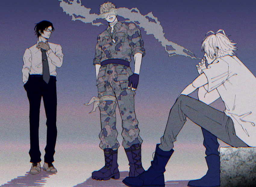 3_8_2. 3boys aohitsugi_samatoki black_hair black_pants boots busujima_rio_mason camouflage camouflage_jacket camouflage_pants ear_piercing earrings fingerless_gloves glasses gloves gradient_background highres hypnosis_mic iruma_jyuto jacket jewelry long_sleeves mad_trigger_crew male_focus multiple_boys necklace necktie pants piercing shirt short_sleeves sitting smoking thigh_strap white_hair white_shirt