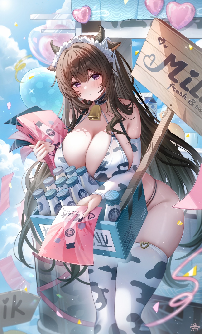 1girl absurdres alternate_costume animal_ears animal_print azur_lane balloon bell blush bottle breasts brown_hair cleavage cow_ears cow_horns cow_print flyer hair_ornament heart_balloon highres holding horns kashino_(azur_lane) kashino_(fresh_and_sweet)_(azur_lane) large_breasts long_hair looking_at_viewer milk_bottle neck_bell parted_lips purple_eyes sign solo tansuan_(ensj3875) thighhighs thighs