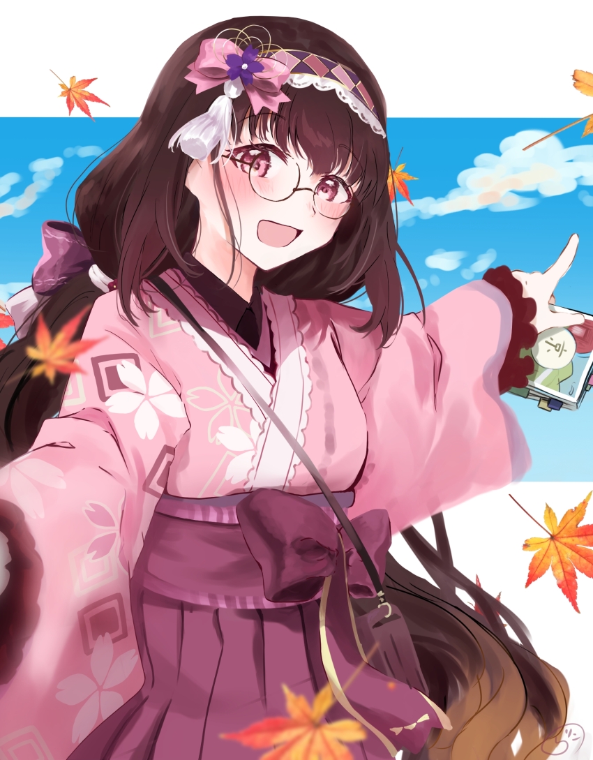 1girl absurdres blue_sky breasts brown_hair fate/grand_order fate_(series) glasses hairband hakama highres japanese_clothes kimono long_hair long_sleeves looking_at_viewer low_twintails medium_breasts open_mouth osakabehime_(fate) pink_kimono purple_eyes purple_hakama sky smile solo tassel twintails umeboshi_disk very_long_hair wide_sleeves