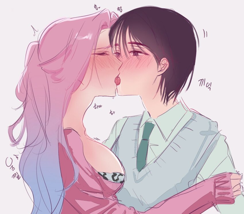 2girls alien_stage black_hair blue_hair blue_sweater_vest blush breasts closed_eyes collared_shirt commentary english_commentary french_kiss green_necktie half_updo hanta310994 jacket kiss korean_text large_breasts long_hair long_sleeves mizi_(alien_stage) multicolored_hair multiple_girls necktie official_alternate_costume pink_hair pink_jacket saliva shirt short_hair sua_(alien_stage) sweater_vest tongue translation_request two-tone_hair white_shirt yuri