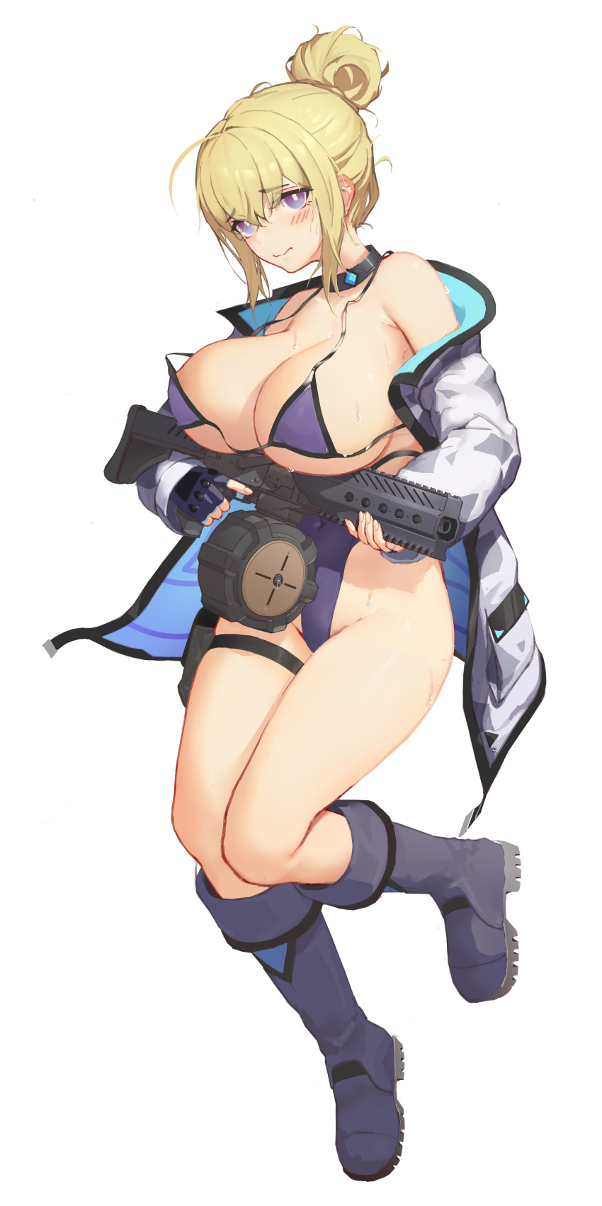 1girl absurdres blonde_hair blue_eyes blush boots breasts choker cleavage fingerless_gloves full_body gloves greentree gun habetrot_(last_origin) hair_bun hair_ornament highres huge_breasts jacket last_origin looking_at_viewer one-piece_swimsuit sidelocks simple_background single_hair_bun solo submachine_gun swimsuit thigh_strap wavy_mouth weapon white_background